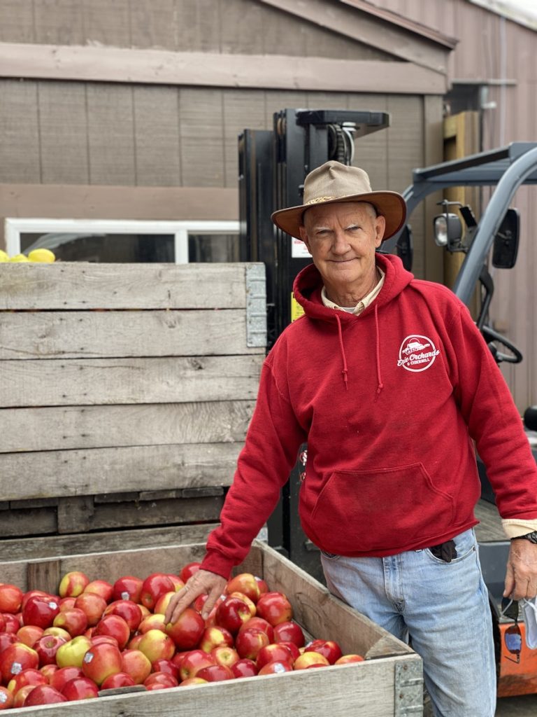 Happy aged male farmer in hat standing near wooden box full of ripe apples and looking at camera